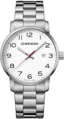 WENGER Herren Armbanduhr Avenue Ø 42mm, Swiss Made, Analog Quarz, Wasserdicht bis 100 m, Edelstahl-Armband, Silberweiß/Silber, 01.1641.104