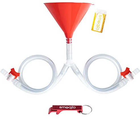 SMOQIO Doppelkopf Trichter mit Schlauch | Trichter mit Ventil, Zusätzlicher Flaschenöffner, 1er-Pack, Rot