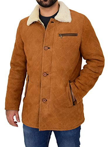 A1 FASHION GOODS Herren-Jacke aus echtem Schaffell, Cognac-Designer, weißes Lammfell, 3/4-lang, gesteppt, Hank, hautfarben, XL