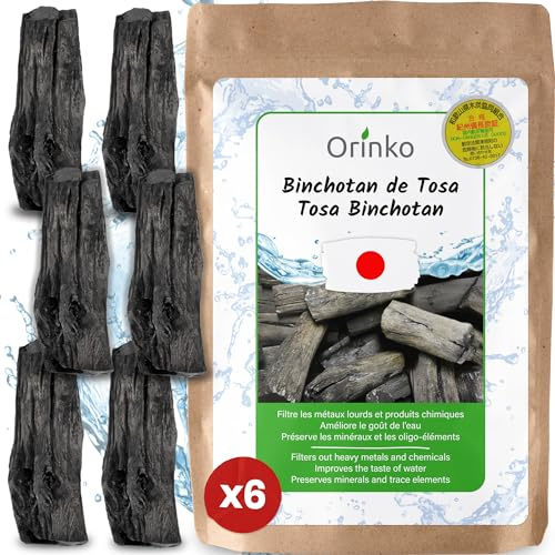 ORINKO® Binchotan Bio Charbon Actif Eau x6 – Filtration Naturelle Puissante Jusqu'à 2L/Bâton – Chêne Japonais Authentique (Tosa, Kochi) – Idéal pour Carafe, Fontaine, ou Gourde