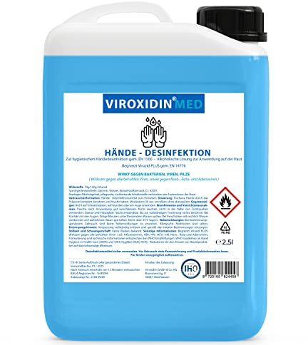 Viroxidin Med Desinfektionsmittel für Hände 2,5l - VERGLEICHSSIEGER - Handdesinfektionsmittel gegen Bakterien, Viren & Pilze für Hygienische Handdesinfektion - Begrenzt Viruzid PLUS gem. EN 14776