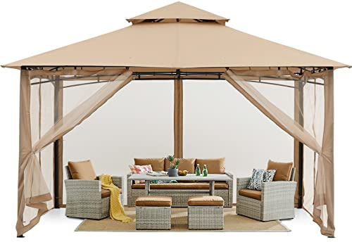 MASTERCANOPY 3 x 3,6 m Doppeldach Gartenpavillon mit 4 Moskitonetz für Garten, Hof, Khaki
