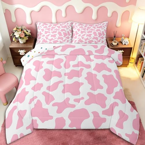 Kid Cartoon Bedding Set Pink Cow Print Duvet Insert Twin,Milk Cow Animal Cowhide Comforter Set Farm Animals Quilted Duvet for Toddler Teen Boys Girls Farmhouse Bull Cattle Kawaii Room Decor