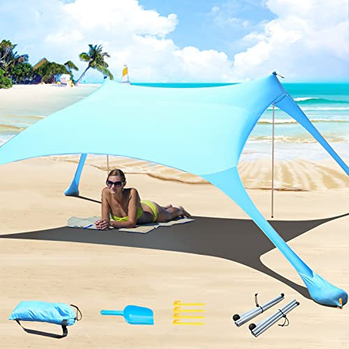 CUUPO Tenda da spiaggia con protezione UV UPF50+, 20 m, con 2 pali per campeggio, pesca, cortile e picnic, con telo da spiaggia a prova di sabbia, blu