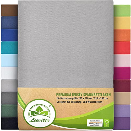 Premium Spannbettlaken, extra schwer und dick, 97% Mako-Jersey-Baumwolle und 3% Elasthan, auch Boxspringbett geeignet, 200 x 220-220 x 240 cm, Silber/Hellgrau