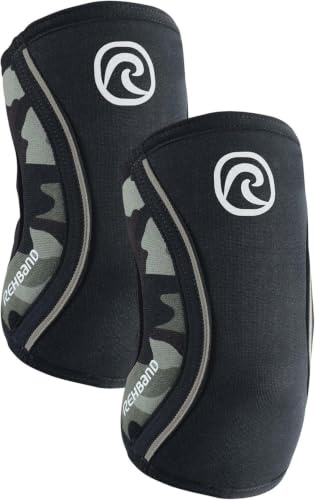 Rehband gomitiera in SBR/neoprene da 5 mm, elbow sleeve per sport di forza, design anatomico, antiscivolo e vestibilità aderente per donna e uomo, Colore:Camuffare - 1 Paio, Misura:S
