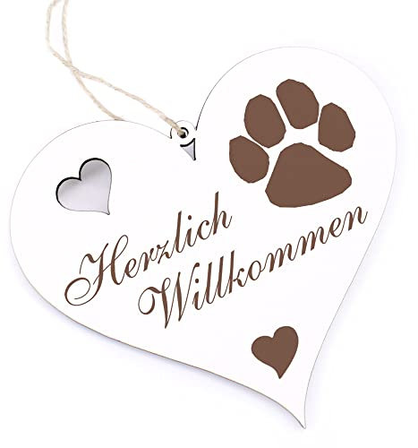 Herzlich Willkommen Schild - Tatze - Deko Herz Holz Willkommensschild Türschild Dekoschild Türdeko