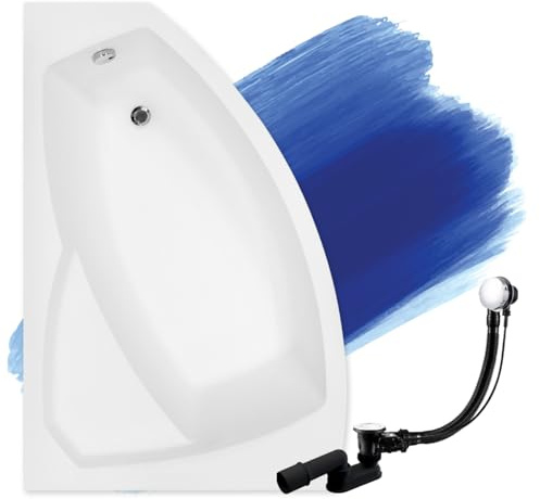 BADLAND Badewanne Original Weiß Acryl Wanne Eckbadewanne RIMA 150x95 Links KOMPLETTSET SET + Füßen und Exklusive Chrom Automatik Ablaufgarnitur Made in EU 3in1