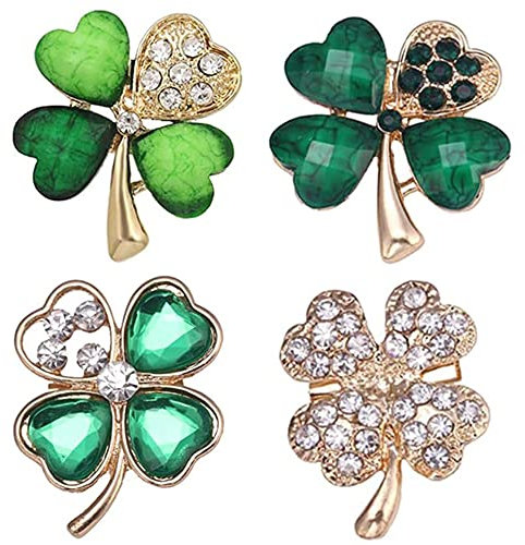 Trèfle à Quatre Feuilles Broche Vert Strass Alliage Cristal Écharpe Clip Cristal Broche de Noël Symbole de Chance pour Femmes Filles Fête de Mariage