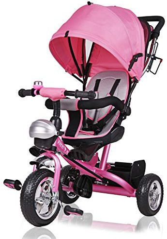 Spielwerk Triciclo 4in1 per Bambini da 1 Anno Passeggino con Maniglione Biciletta Bimbi Neonato Cappottina Cintura Bici a Tre Ruote Copertura Pioggia