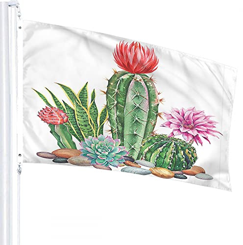 Bandera de cactus 4x6 FT Acuarela Verde Jardín Cactus Piedras Flor rosa Banderas al aire libre Gran bienvenida Patio Banners Hogar Jardín Patio Césped Decoración
