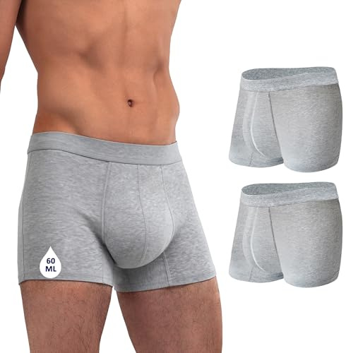 KARSWATT Lot de 2 caleçons boxeurs lavables pour incontinence urinaire pour homme, réutilisables et étanches pour protection contre les fuites urinaires (3XL, gris)