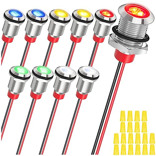 MKBKLLJY 10Pcs AC/DC12-24V LED Indicator Lights 10mm Waterproof Flat Head Indicator Signal Lamp 5Color(Red/Yellow/Blue/Green/White) with 150mm Cable Length Metal LED Indicator Light and Wiring Cap