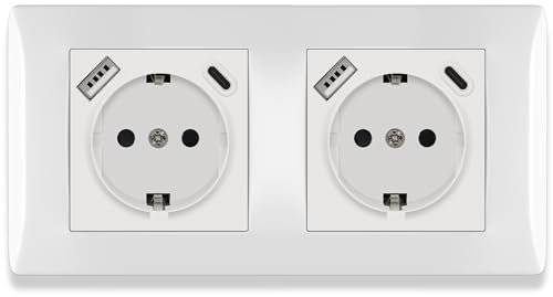 BSEED Steckdose Unterputz mit Steckklemme 16Amp, Doppelsteckdose Unterputz mit USB/TYPE C Port 2.1A, 2 Fach Steckdose mit PC Rahmen, Schuko Steckdose mit USB Anschluss Unterputz Weiß - 152 mm