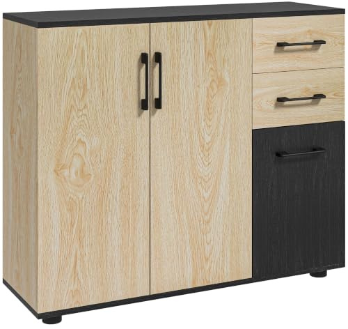 HOMCOM Credenza Moderna da Cucina e Soggiorno 90x30x75.5cm Noce e Nero | Mobile Credenza da Cucina con Mensola Regolabile, 2 Armadietti e 2 Cassetti, Design Moderno