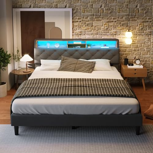 KOMHTOM Lit Rembourré avec éclairage LED, Lit Double avec Espace de Stockage, Cadre de lit, Sommier à Lattes en Bois, Moderne(sans Matelas) (140x200cm-A)