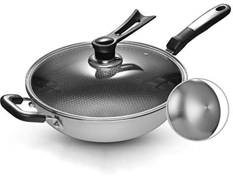 OQHAIR Wok para inducción Wok de Acero Inoxidable 304 Fondo Redondo Salteado Sartén Antiadherente Estufas de Gas sin Recubrimiento Cocina de inducción cóncava Olla Especial (Tamaño: 32 cm