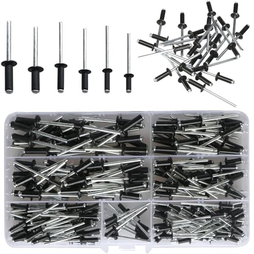 210 Piezas Remaches Ciegos, Juego de Remaches Ciegos de Aluminio, Remaches Ciegos con Brida, Apto Para Persianas, Cajas de Almacenamiento, Muebles y Embarcaciones, 6 Tamaños(Negro)