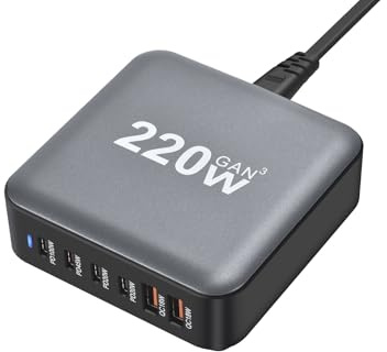 BAHOND 220W GaN III 6 Ports Fast Charging Station Hub Block Portable Wall PD Charger Power Adapter, 100W Port for MacBook Pro/Air, iPhone 15 14 13 12 11, Galaxy S24 S23