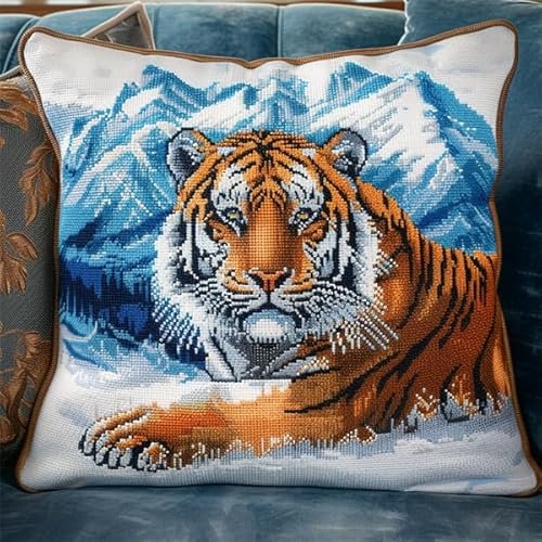 Lfynior Kreuzstich Kissen Set Tiger Stickkissen mit Muster 45X45cm Stickpackung Stickset Kreuzstich Kissen zum Basteln Stickkissen Stickpackung mit Vorgedruckt Kreuzstichmotiv