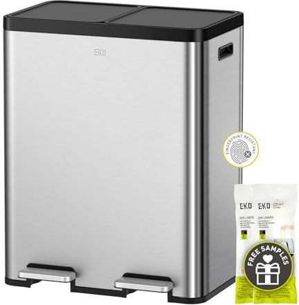 EKO Essential 8+8 Gallon Dual Trash Can, Kitchen Step Recycle Trash Can with Dual Removable Bucket, Independent Lids and Pedals, Brushed Stainless Steel