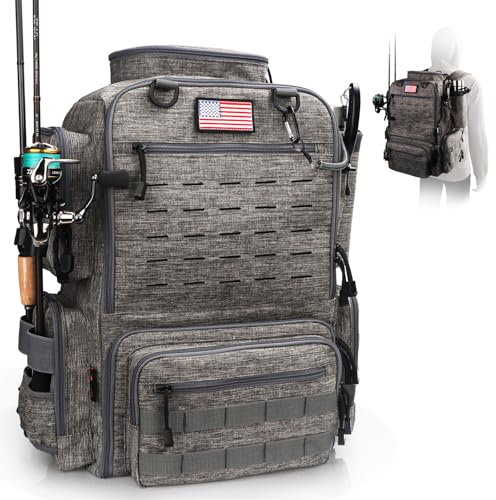FunVZU Fishing Backpack, Fishing Tackle Backpack with Rod Holders for 4 Boxes (Box Not Included) 45L Waterproof Fishing Gear, Ideal for Men and Women Tackle Box Bag (Storm Gray)