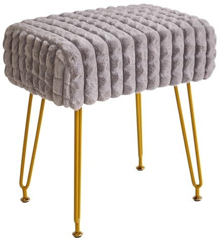 IBUYKE Rektangulär fotstödspall ottoman, sminkpall sidobord, sammet toalettbordssäte, fotpallstol, gyllene stålben, för sminkrum, sovrum, fyrkantigt rutmönster, grå WBD003G