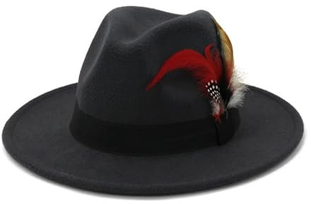 FULUJIDI Fedora Trilby Filzhut Hut Panama Jazz Fedora Hut Mit Breiter Krempe Feder Gürtel Kirche Top Caps 59 To60 cm Dunkelgrau