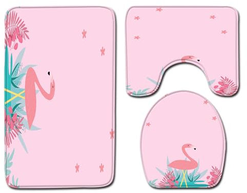 Bad Teppiche Set 3-Teiliges Blatt Rosa Flamingo WC Vorleger Mit Ausschnitt Badematte Saugfähig WC Deckelbezug Badvorleger rutschfest Waschbar Toilettensitzbezug Badgarnitur (50x80cm)