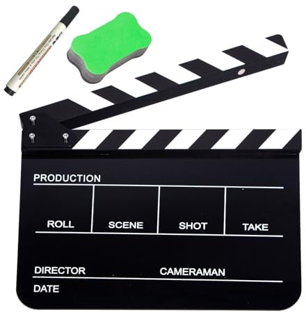 BOLLUMA Acrylic Plastic Director's Film Clapboard, Easy Wipe Cut Action Scene Clapper Board Slate with Pen and Blackboard Eraser for Movies, Videos, TV Shows, Studio Live, Party, Black