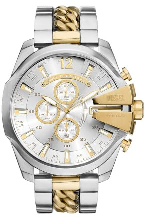 Diesel Reloj Mega Chief para Hombre, Movimiento cronógrafo con Correa de Acero Inoxidable, Tono Oro y Plata, 51 mm