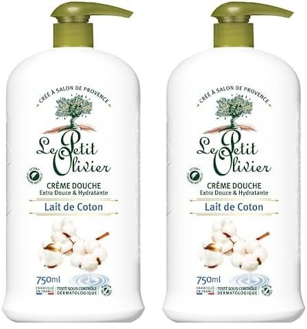 LE PETIT OLIVIER - Crème Douche Extra Douce & Hydratante - Lait De Coton - Pour Toute La Famille - PH Neutre Pour La Peau - Sans Savon, Sans Colorant - Fabriqué En France - 750 ml (Lot de 2)