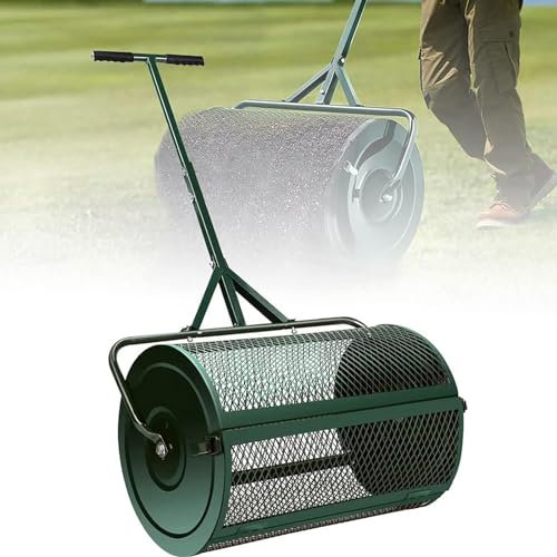 Rouleau d'épandeur de compost en maille métallique robuste de 61 cm pour pelouse et jardin, poignée réglable en forme de T et loquets latéraux, idéal pour semer de la tourbe, de la mousse, du fumier