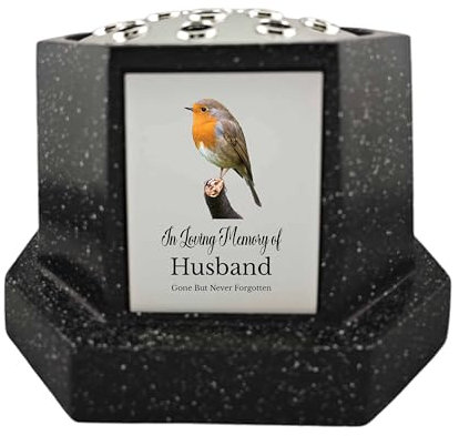 In Loving Memory Of Memorial Octagon Rose Bowl Grave Marker Flower Pot Vase With Robin Design Mum Dad & Lots More Black/Silver (UV PRINTED) (Husband)