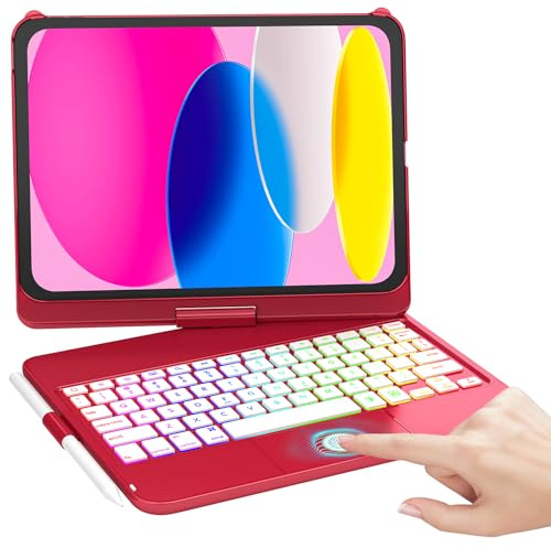 MMK Keyboard Case for iPad A16 11th Gen 2025 / 10th Gen 2022 (11/10.9 inch) | Case with Keyboard Multi-touch Trackpad, 7 Color Backlight, 360°Flip Hard-shell with Pencil Holder, UK Layout, Red