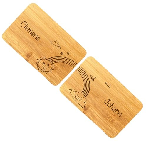 Personalisiertes Frühstücksbrett Set Sonne & Wolke, Brotzeitbrett mit Gravur, Geburtsgeschenk Zwillinge personalisiert mit Namen, Regenbogenmotiv, Taufgeschenk Zwillinge, Geschwister (Sonne & Wolke)