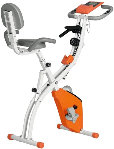 HOMCOM Cyclette Pieghevole 2 in 1, Resistenza Magnetica Regolabile 8 Livelli, Cyclette da Casa Silenziosa con Sensore Cardiaco, Sedile Regolabile, Bande Elastici, Schermo LCD, Ruote, Arancione