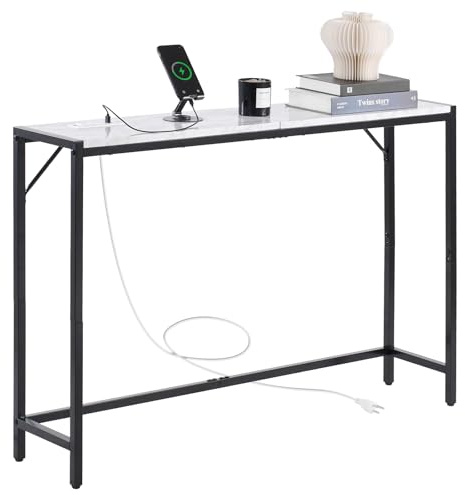 VEVOR Table Console en Marbre, Console d’Entrée Étroite et Longue avec Prise de Courant, Table d'Appoint Fine avec Tubes en Fer, Dispositif Anti-basculement et Support Triangulaire, Salon Couloir