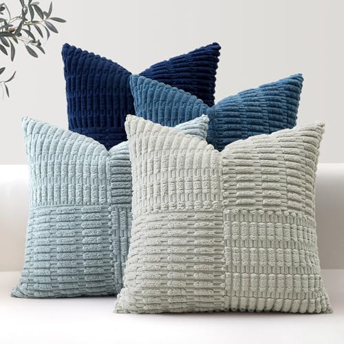 Sungeek 4er Set Cord Kissenbezüge, Kreuz Streifen Muster Kordsamt Kissenbezug Sofakissen Dekokissen Patchwork Design Boho Zierkissenbezüge Deko Kissenhülle für Wohnzimmer (45x45cm, Blau)