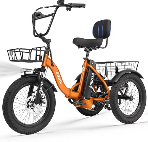 ESKUTE E Trike Electric Bike, Peak 1200W Brushless Motor Folding Trike 18X3.0 Fat Tire Ebike, 624Wh Battery, Step-Thru 3 Wheel Electric Bicycle, 55 Miles, 18MPH+ Tricycle for Adults Orange Classic
