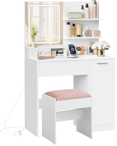 VASAGLE Coiffeuse avec Miroir LED, Multiprise, 2 Étagères réglables