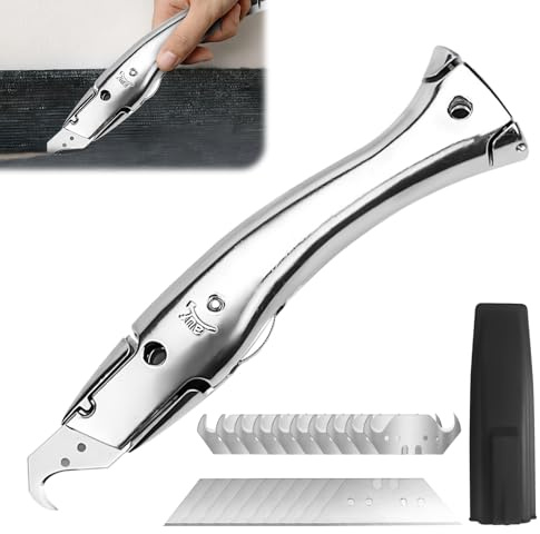 Cuchillo para alfombra con 10 hojas de gancho y 10 hojas trapezoidales, cuchillo universal de plástico, cuchillo de gancho para alfombras y suelos de PVC