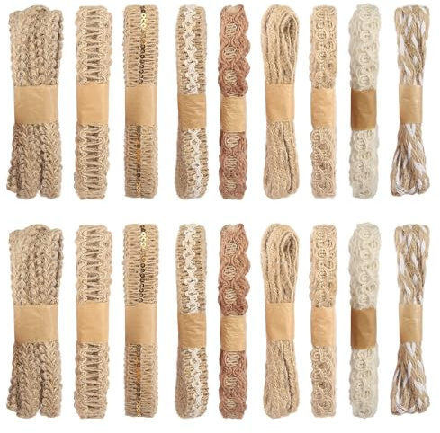 18 Rollen Vintage Bastelband, 2m Natürliche Juteband, Boho Deko Geschenkband Natur Stoffband Jute Band Rolle Sackleinenband für DIY Geschenke Verpackung Weihnachten Hochzeit Party Basteln