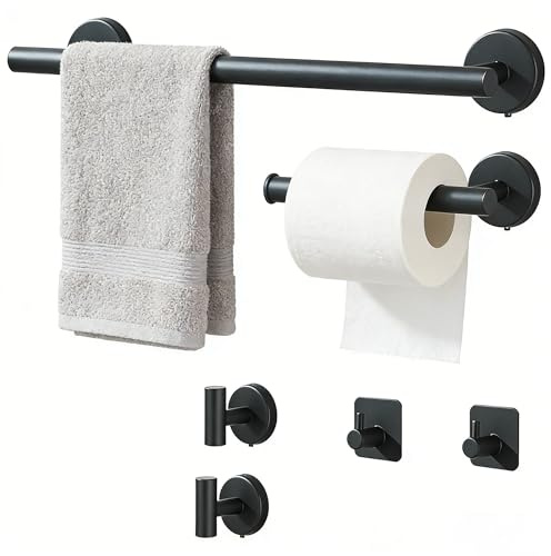 Black Bathroom Hardware Set 6-Piece Bathroom Accessories Accessory Bars Set With 40CM Towel Rail Toilet Paper Holder, 2 Wall Hooks, 2 Robe Hooks 304 Stainless Steel Screw-Fixed Wall Mounted