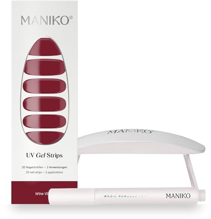 Maniko UV Gel Strip Set Wine Vibes Rot mit Lampe & Remover Pen | UV Nagellack zum Kleben, UV Nagelsticker, 2 Anwendungen – Geschenk für Mama, Muttertag, Geburtstag & Valentinstag