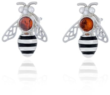 Orecchini da donna in argento con piccola ape Mod.13s con ambra, argento sterling lucido, ambra baltica in colore cognac