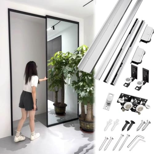 Rail Porte Coulissante Kit de Quincaillerie pour Porte de Placard à Miroir avec Rail Invisible, Kit de Rail pour Portes Coulissantes Invisibles, Système de Porte de Grange Dissimulée(136cm(53.5in))