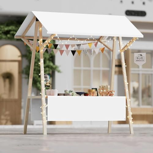 Matvagn i trä på hjul, vikbar leverantörsbås för marknader och hantverksshower, lätt utomhusvisningsstativ med vit blomdesign