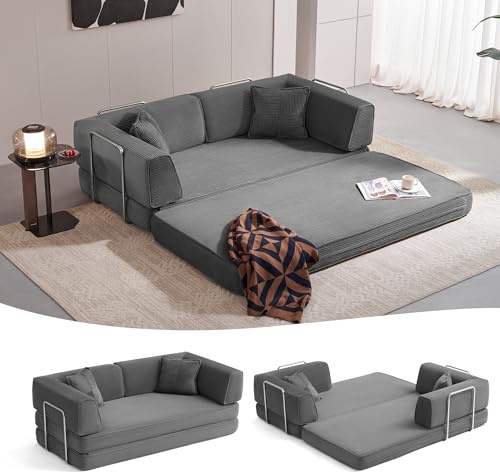 LINSY HOME Schlafsofa - Bodensofa Bed mit Pillow Back Support Armrest - Schlafsofa Klappbar 200 cm Breit- Compressed Sofa in Box - Cord Stoff für Wohnzimmer Schlafzimmer - Grau