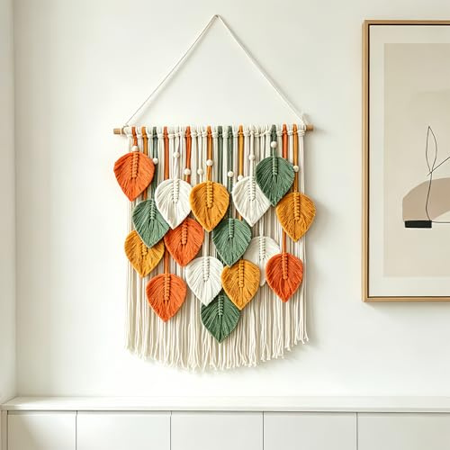 Esoes Fransen Wandbehang Handweben Boho Wanddeko mit 1PC Kamm 50X100CM | Makramee Wandteppich mit Holzperlen und Grün Blätter Tapisserie Handgemacht Wandteppich für Schlafzimmer Wohnzimmer Wanddeko